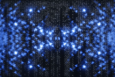 蓝色矩阵数字背景。抽象的网络空间的概念。人物倒了。来自符号流的矩阵。虚拟现实设计。复杂的算法数据黑客