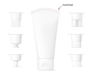 带帽的化妆品空白塑料管模型。正面视图。