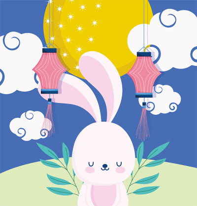 中秋快乐，兔灯笼明月云草叶，祝福幸福