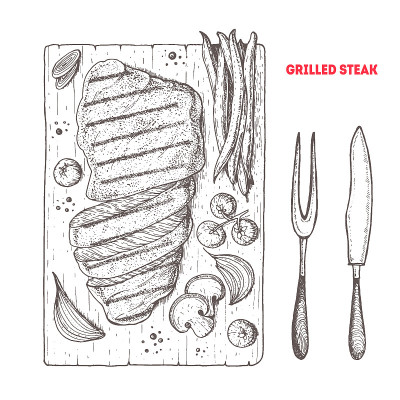 烤牛排矢量草图。肉菜插图。烤肉和蔬菜。