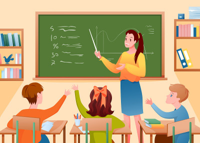 小学生和老师在教室里，妇女用教鞭教孩子，学校上课