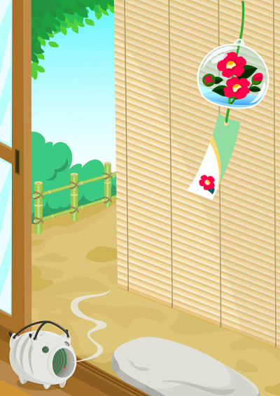 日本夏日贺卡/风铃、蚊子线圈和阳台上的百叶窗/矢量插图