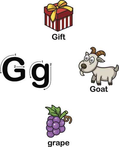 字母g礼物，山羊，葡萄插图