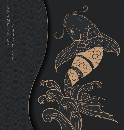 抽象插图，黑色和金色的鱼配寿司