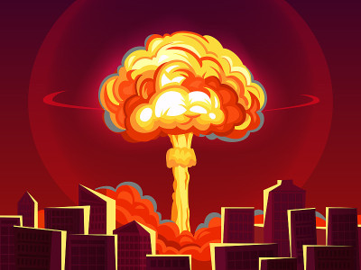 城市的核爆炸。原子弹爆炸，炸弹爆炸燃烧蘑菇云和战争破坏卡通矢量插图