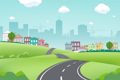 道路背景上的城市与房屋。郊区的风景。