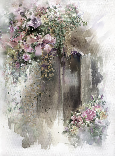 抽象彩色花卉水彩画。“大自然”里的春天