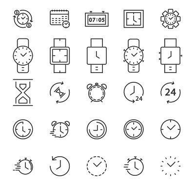 Clock and time thin line icons set. Alarm clock, t