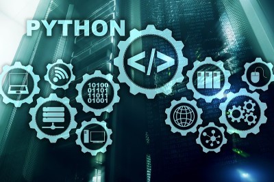 服务器室后台使用Python编程语言。在虚拟屏幕上编程工作流抽象算法概念。