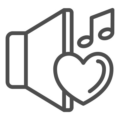 扬声器与心和笔记线图标，声音设计概念，爱音乐矢量标志在白色背景，轮廓风格图标的移动概念和网页设计。矢