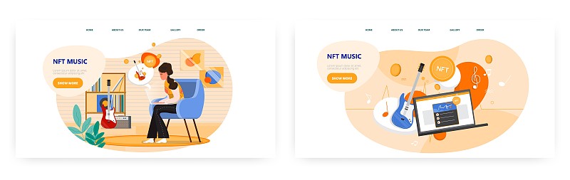 NFT音乐登陆页面设计，网站横幅矢量模板集。