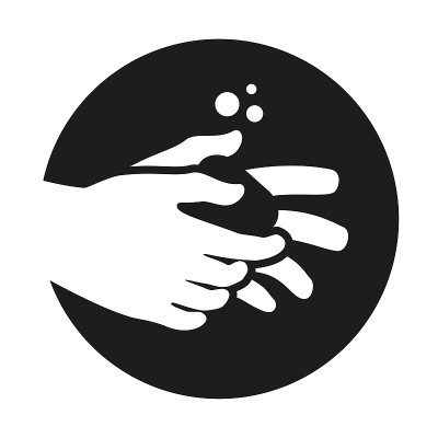 洗手图标或标志。手上拿着肥皂。圆形的图标。
