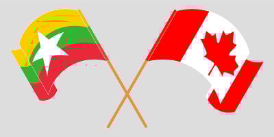 Crossed and waving flags of Myanmar and Canada