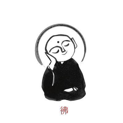 Little Jizo Buddha hand drawn with ink on white ba