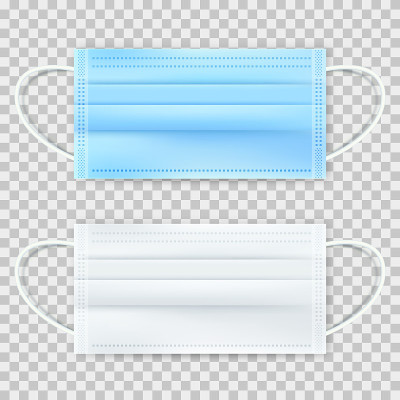 手术防护蓝白面罩，隔离在透明背景上。矢量3d真实感插图