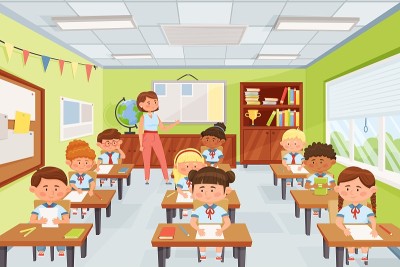 卡通老师带着小学生，小学生坐在课桌前。小学生在课堂上学习矢量插图