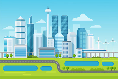 城市现代城市景观景观与高层摩天大楼和地铁矢量插图。