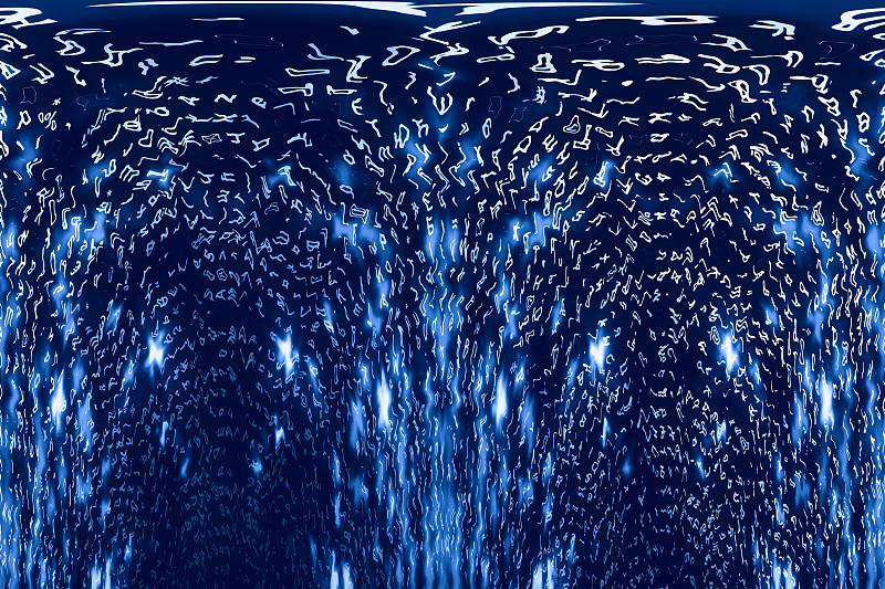 蓝色矩阵数字背景。扭曲的网络空间的概念。人物倒了。来自符号流的矩阵。虚拟现实设计。复杂的算法数据黑客