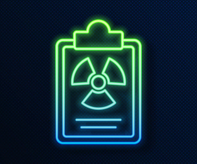 Glowing neon line Radiation warning document icon 