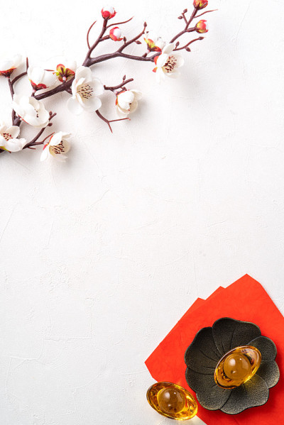 中国农历新年背景设计概念，以白梅花和节日装饰。