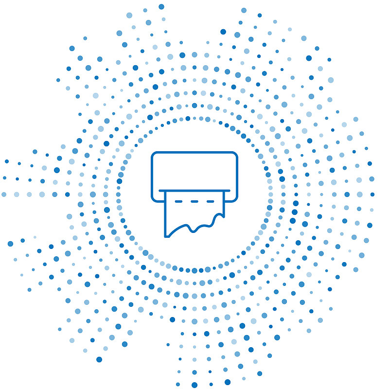蓝线纸巾分配器在墙上图标孤立在白色背景上。公厕、卫生保健及洗手设备。抽象圆随机点。矢量图