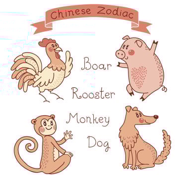 十二生肖-鸡，猪，猴，狗。