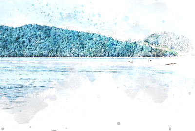 抽象的蓝色山脉和海在泰国的水彩插图绘画背景。