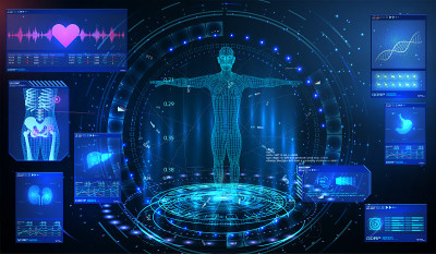 HUD UI GUI元素UI体检。显示一组虚拟接口元素。卫生技术。MRT未来扫描，人体，器官扫描肾，