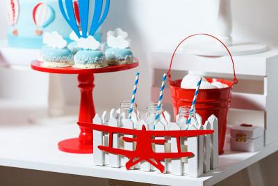 Candy bar on boy's birthday party with a lot of di