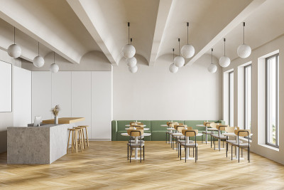 餐厅、大学餐厅、咖啡厅、酒店吧台。学校、学院或办公室的餐厅内部。