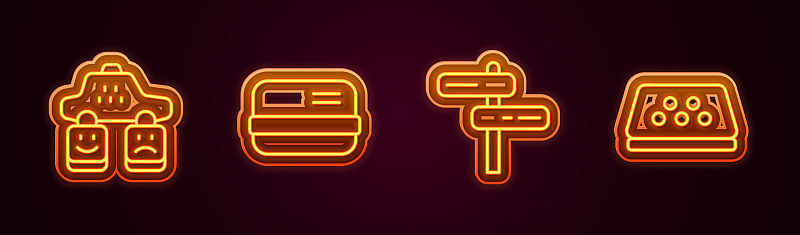 设置线路出租车服务评级，信用卡，道路交通标志和屋顶。发光的霓虹灯图标。向量