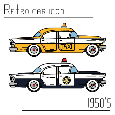 彩色矢量图标设置美国出租车，警察汽车老前辈。1950年代经典风格。怀旧古董汽车。城市服务。的公路车。