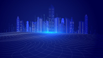 线条地形和现代建筑构成了现代感的科技背景。