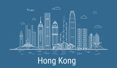 香港城市线条艺术矢量。插图与所有著名的建筑。城市景观。