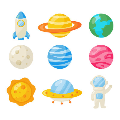 一组空间图标。行星卡通风格。孤立在白色背景上。矢量插图。