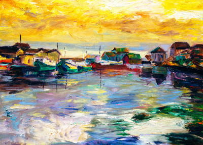油画-渔村