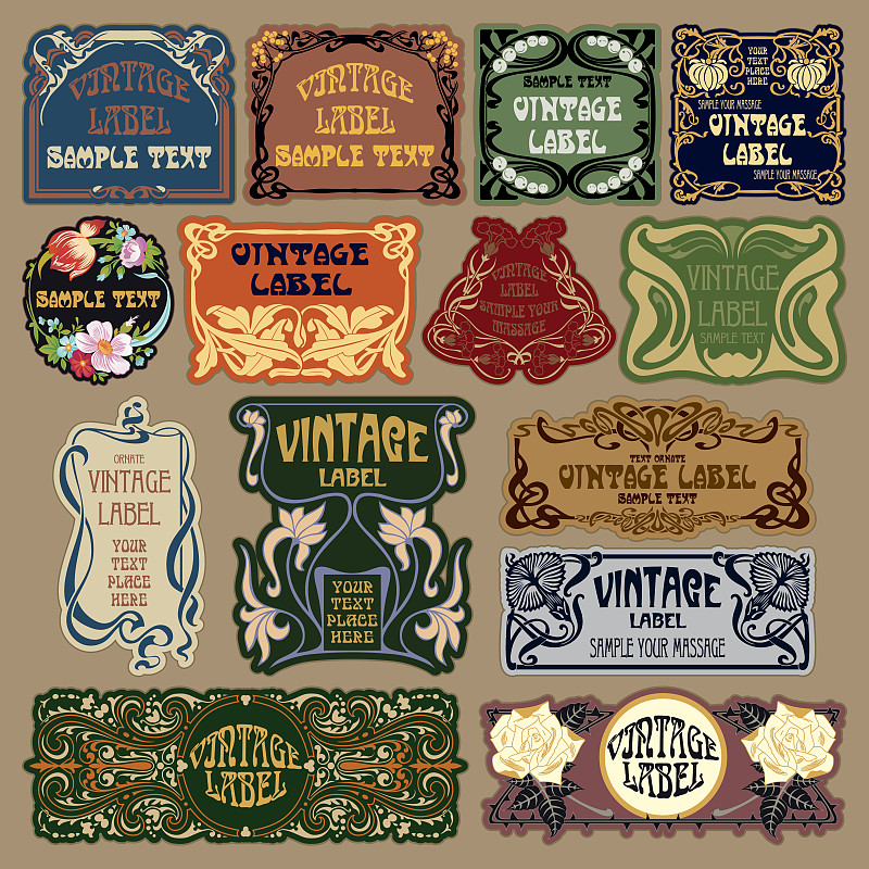 vector vintage items:标签Art Nouveau