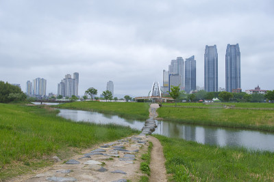 韩国蔚山市美丽的大花港国家公园的大桥。