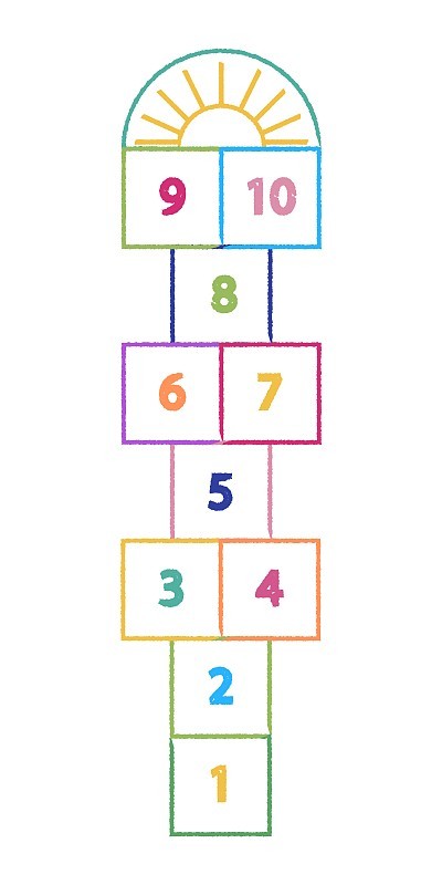 跳房子儿童活动游戏孤立在白色背景上。设计儿童游戏，画彩色蜡笔在户外玩。