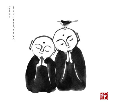 两个日本智藏菩萨和小鸟。传统的日本水墨画。象形文字——沉默
