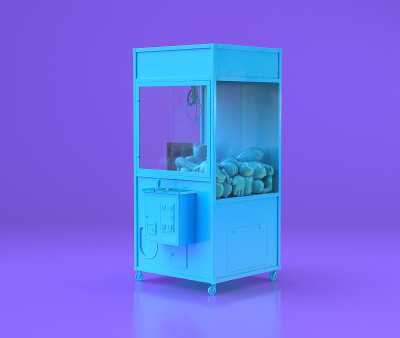 蓝色吊车游戏柜，娱乐中心物体在紫色的平面房间，3d渲染
