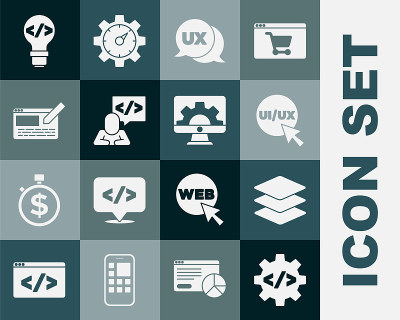 设置前端开发、层、UI或UX设计、Web图标。向量