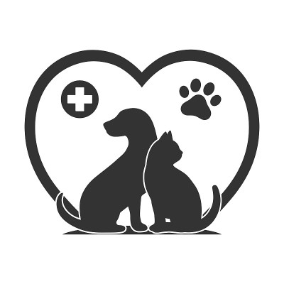 一只狗和一只猫的背景与一个爪子和一个医学十字心脏的插图