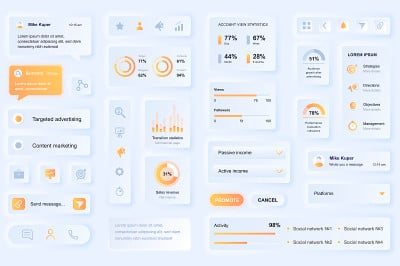 用于社交媒体营销移动应用的用户界面元素。独特的neumorphic设计UI, UX, GUI, KI