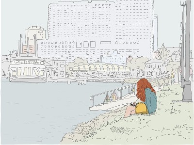 手绘插图。一个年轻的女人在新奥尔良密西西比河岸边休息，沿着滨河步道，查看她的手机。远处看得见一艘汽船