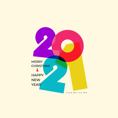 2021年新年快乐!优雅的彩色文字与光。简约的文本模板。中国占星金牛。矢量图。孤立在白色背景上。