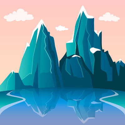 山湖景观。美丽的景色在雪峰和河与反射。粉色渐变的天空和云彩。旅行的概念。矢量插图。平的卡通风格。