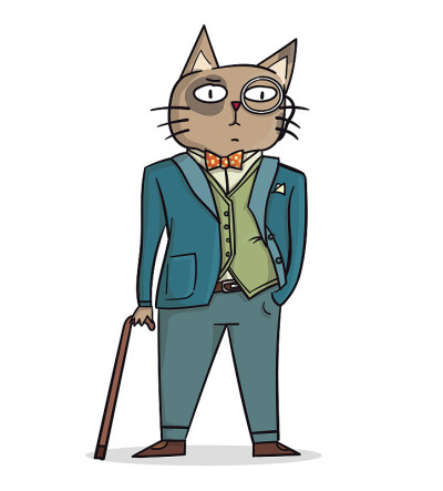 可爱的卡通花哨的猫穿着西装和手杖