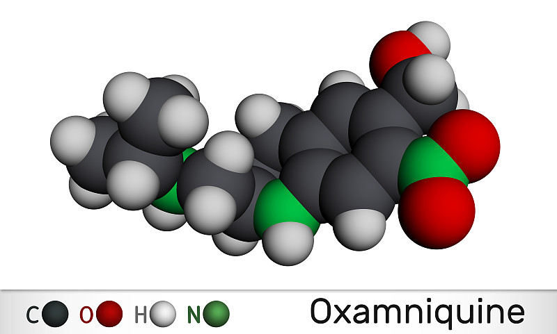 Oxamniquine分子。它是一类喹啉类驱虫药，对曼氏血吸虫具有杀虫活性，用于治疗血吸虫病。分子模