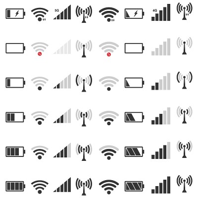 wifi信号图标设置，电池能量充电，移动信号水平图标矢量插图